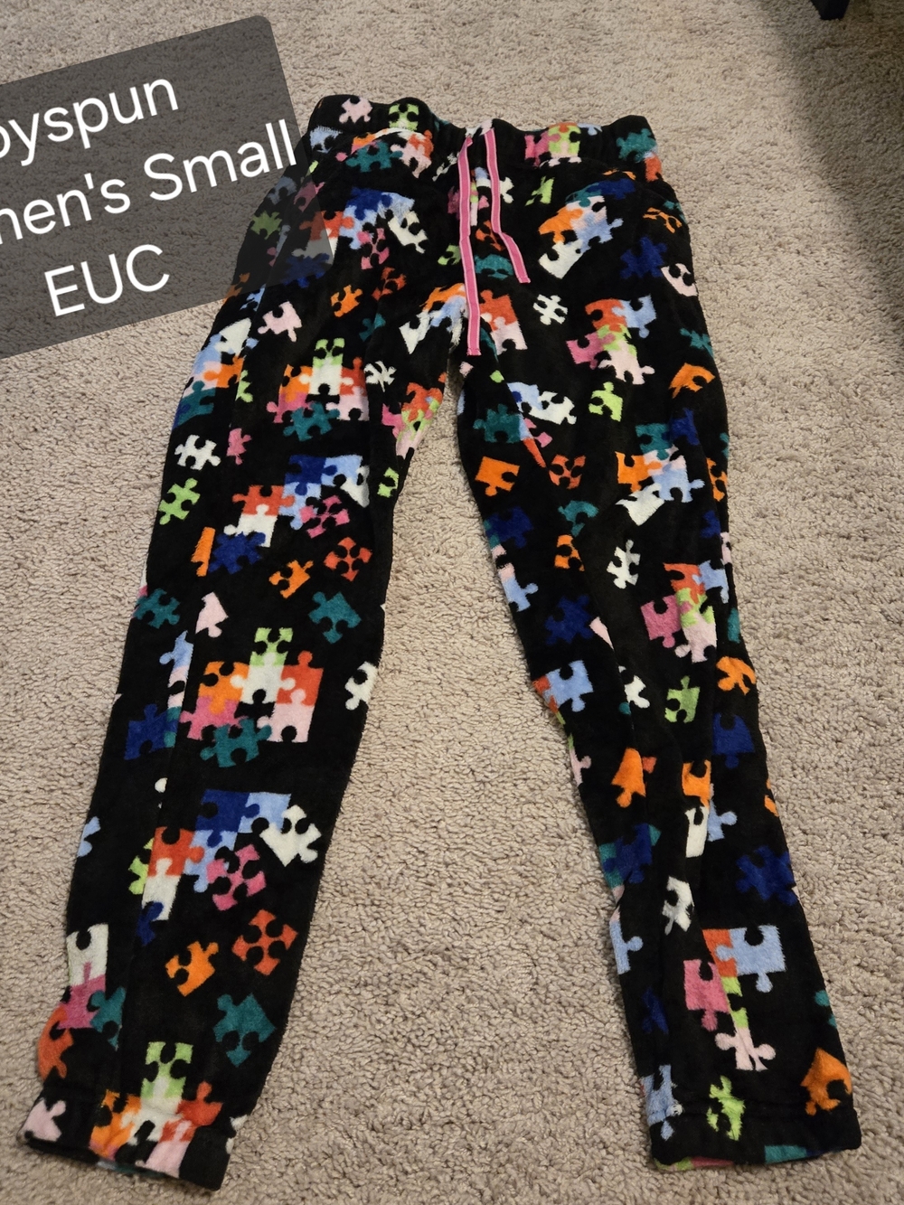 Plush Puzzle-Print Women's Pajama Pants - Black with Multicolor Pieces